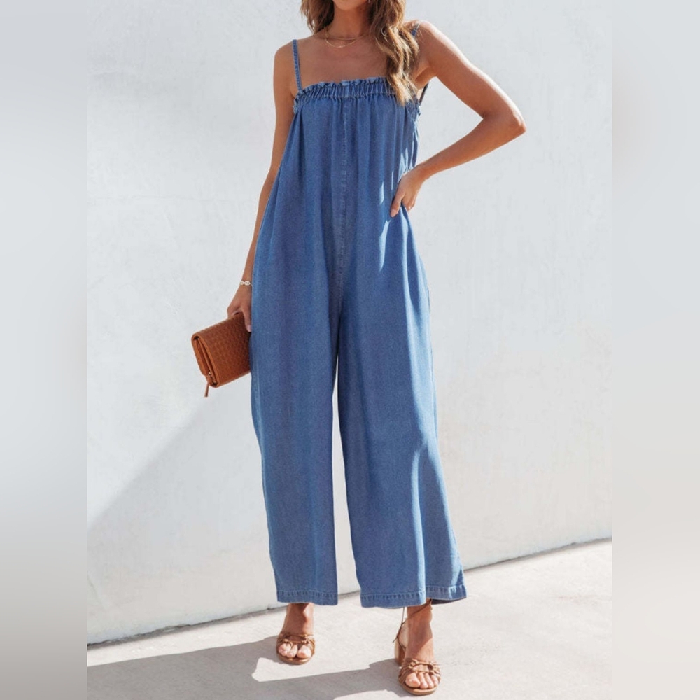 Oversized Retro Denim Wide Leg Smocked Neck Sleeveless Blue Jean Pant Jumpsuit